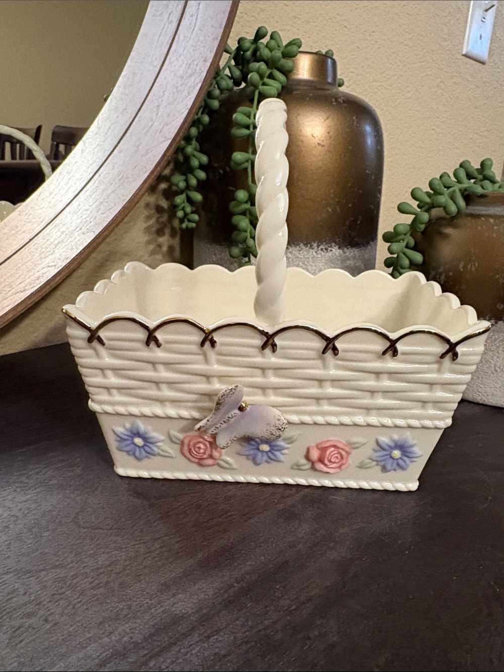 Lenox Cream Porcelain Basket with Pink Roses and Blue Flowersh